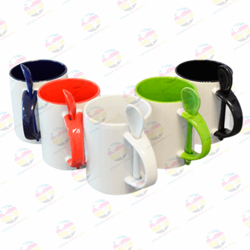 Taza blanca con Interior y asa de color con cuchara de 11 oz