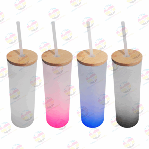 Vaso de vidrio tipo skinny glaseado con tapa de bambú